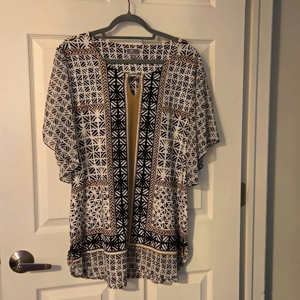 Womens XL JM Collection short sleeve tunic blouse black white brown